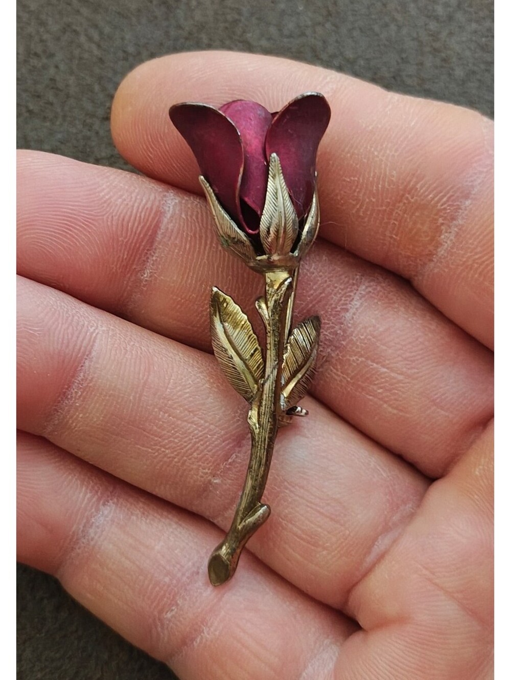 1960s Gold Tone Red Enamel Rose Bud With Stem Brooch Pin